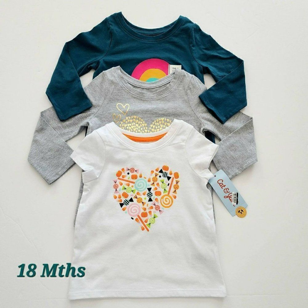 NWOT - 3 Toddler Girls - 18 Months - Short/Long Sleeves T-Shirt Green White Gray
